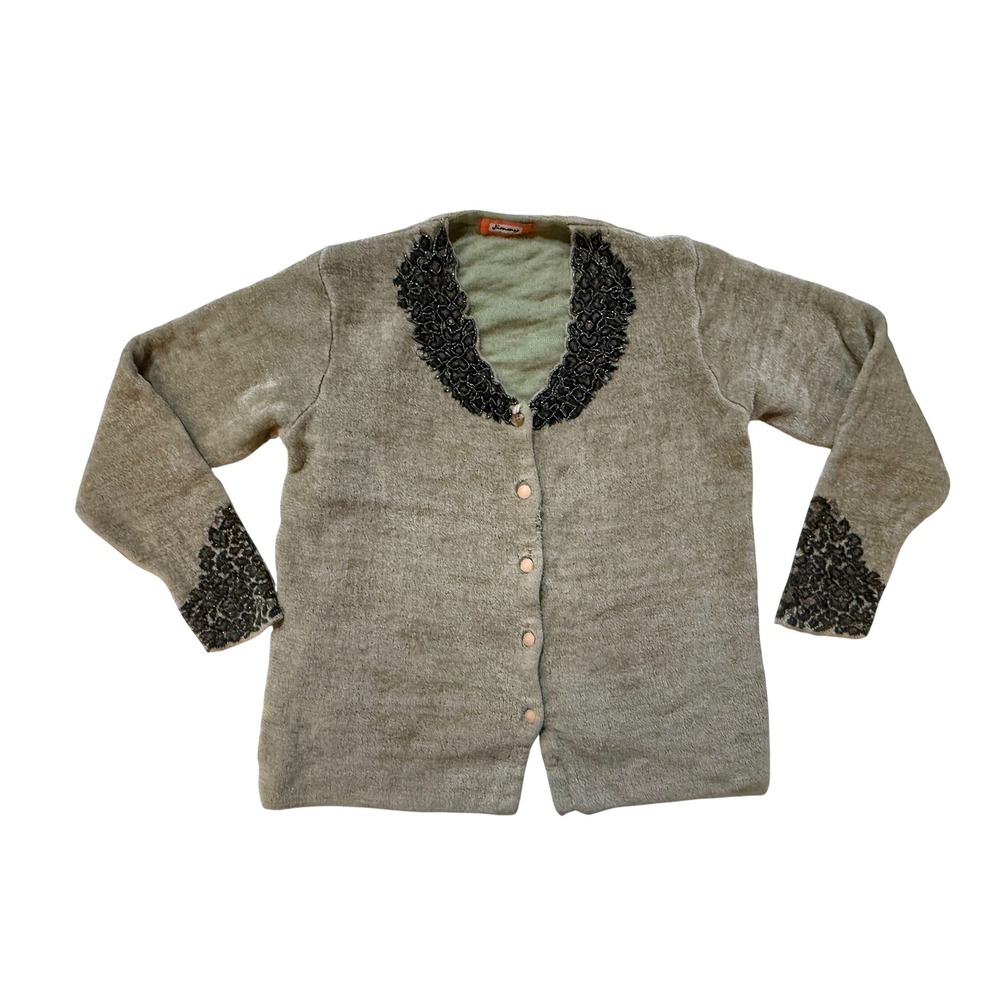 Vintage Boho Cardigan Womens M Button Front Knit Beaded Trim‎ Artsy GrandmaCore